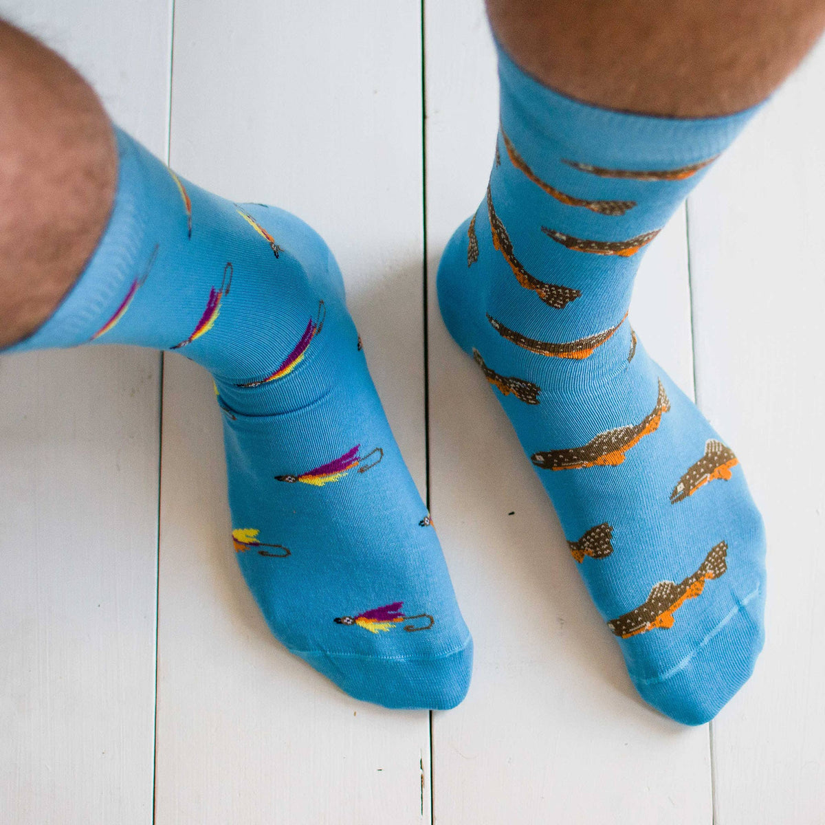 Friday Sock Co. - Men’s Trout & Fly Mid-Calf Socks - Fishing Gift for Him: Men's 7 - 12