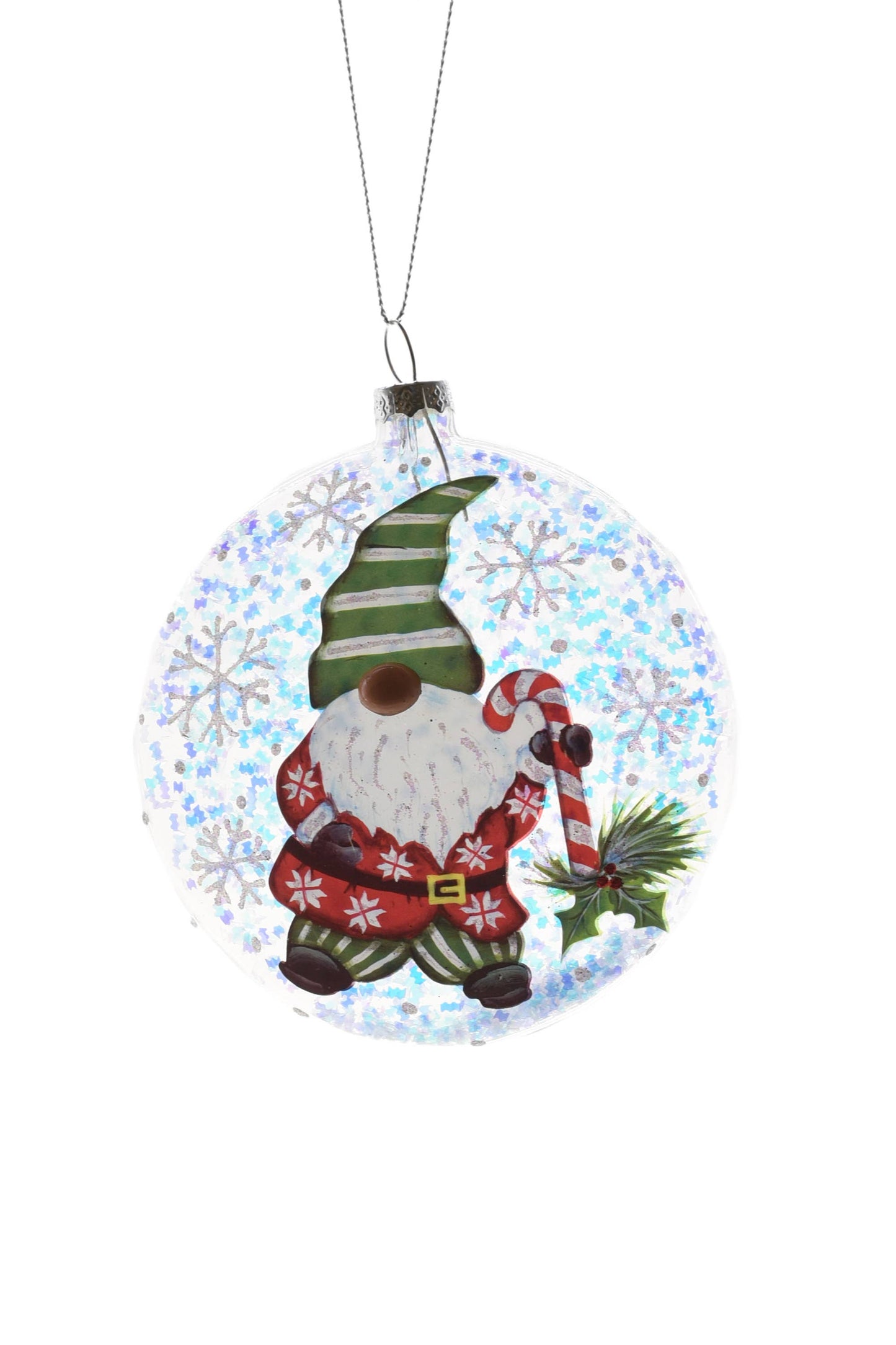 Starlight Collection - Clear Glittery Ball Ornament with Gnome and Christmas Tree