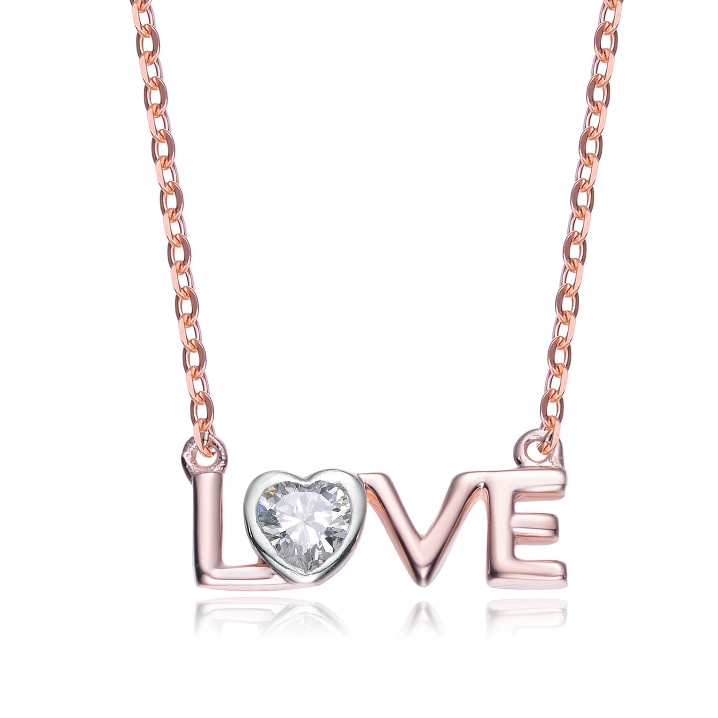 Genevive - Sterling Silver White Cubic Zirconia 'LOVE' Necklace: Gold