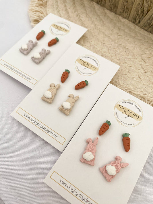 Bunny & Carrot Easter Stud Duo - polymer clay earrings. Pink