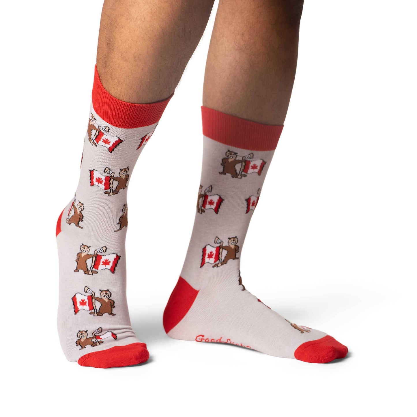 Good Luck Sock - Men's Beaver Waving Canada Flag Socks: Shoe Size 7-12