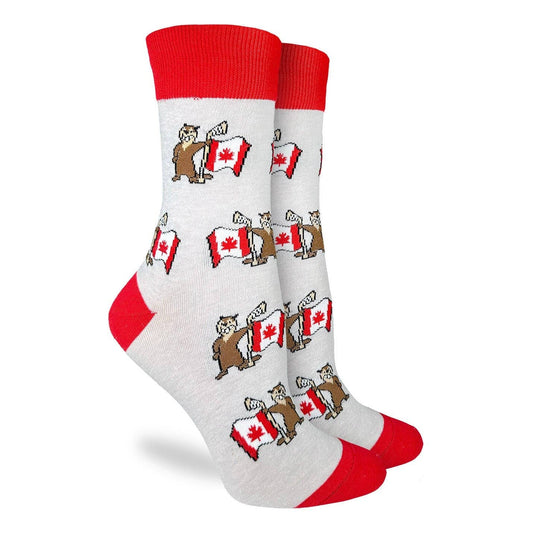Women's Beaver Waving Canada Flag Socks: Shoe Size 5-9