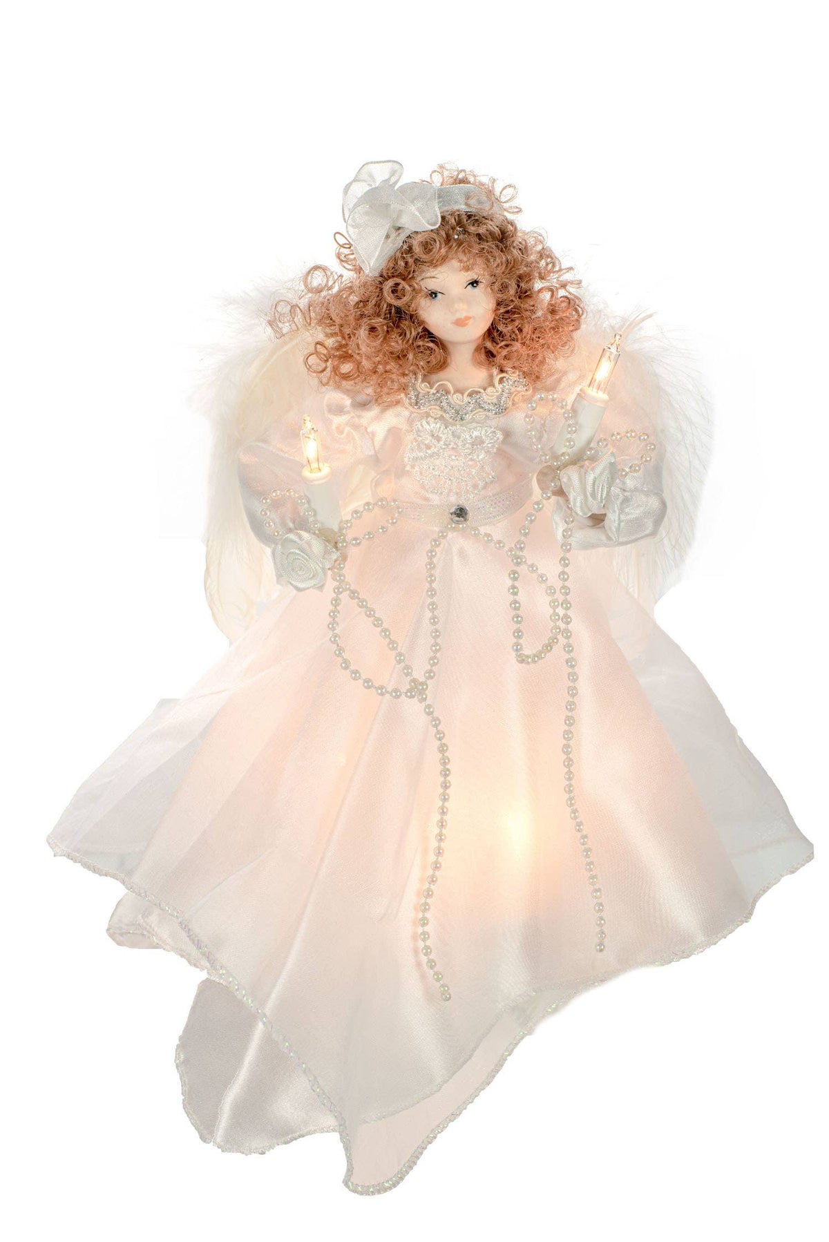 Starlight Collection - White 10-Light Small Angel Tree topper with Brown Curly Hair