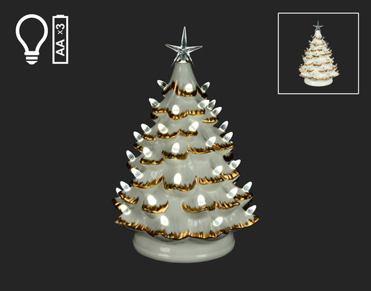 14" White Christmas Tree w/Gold Trim & LED Lights