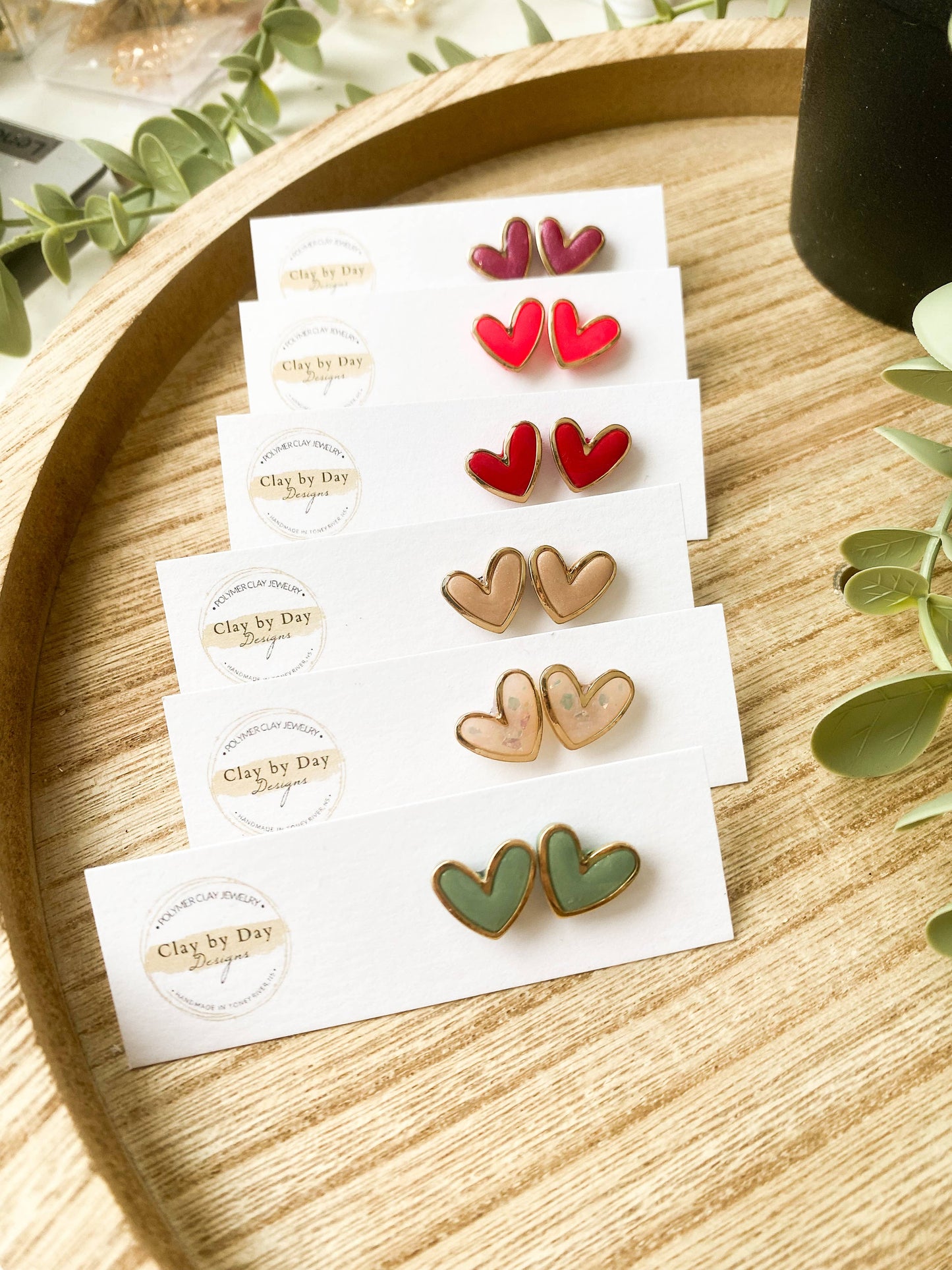 Clay by Day Designs - Gold Trim Heart Studs - Polymer Clay Earrings Valentines: Red
