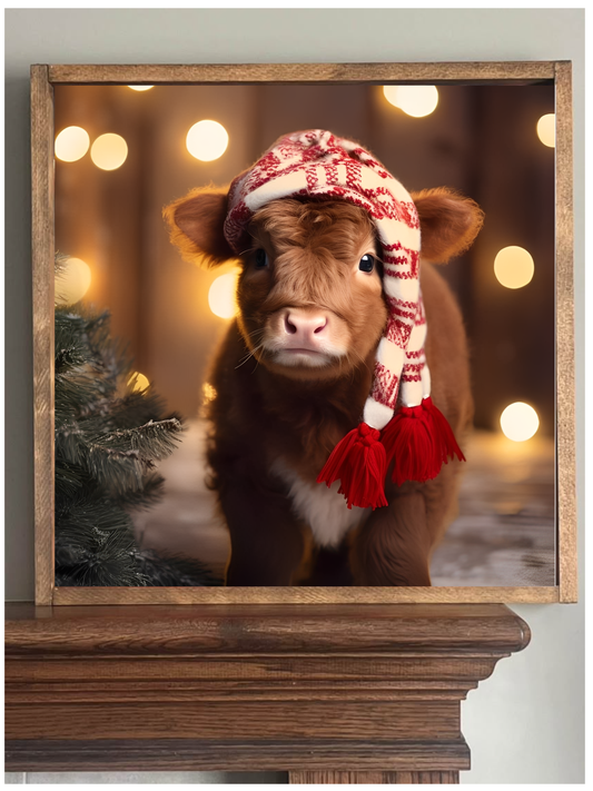 Stocking Hat Highland Cow Farmhouse Sign: 14x14 / Early American