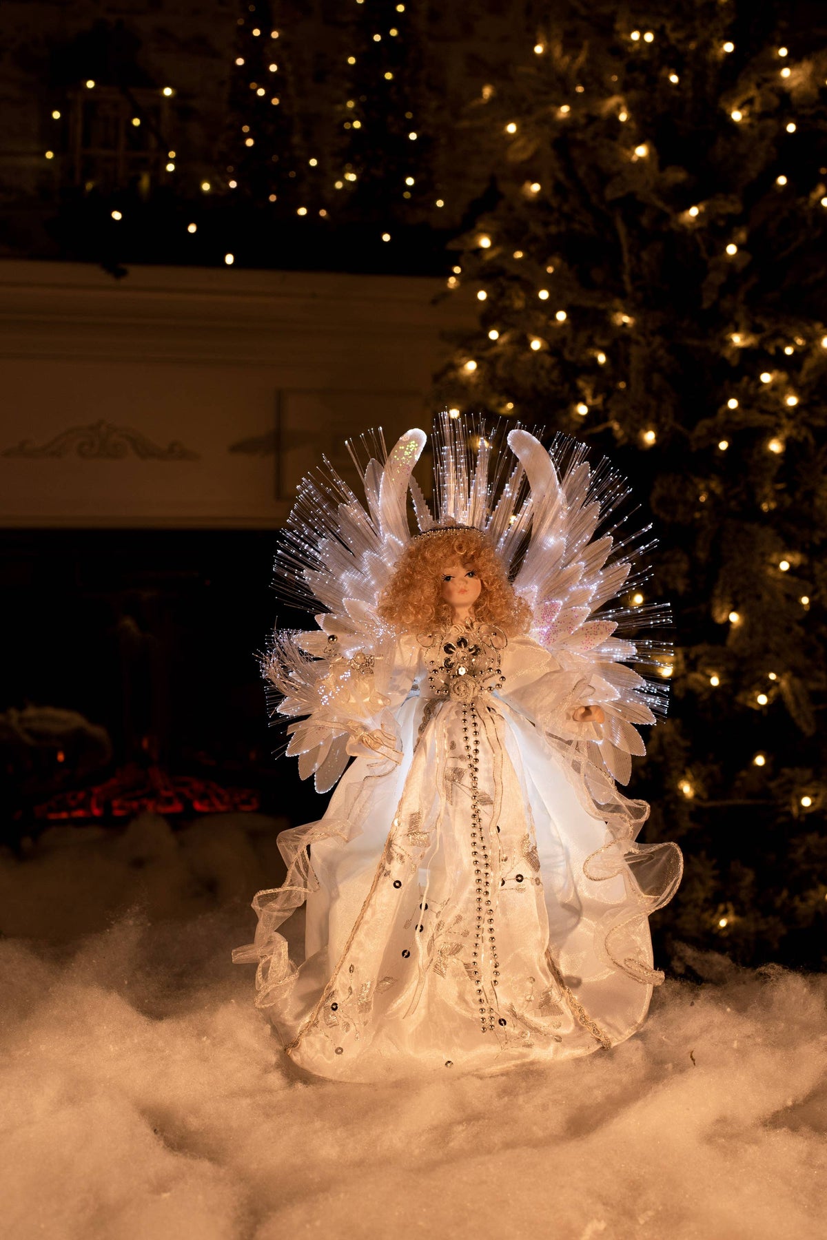 Starlight Collection - White Fiber Optic Angel Tree topper with Blonde Hair