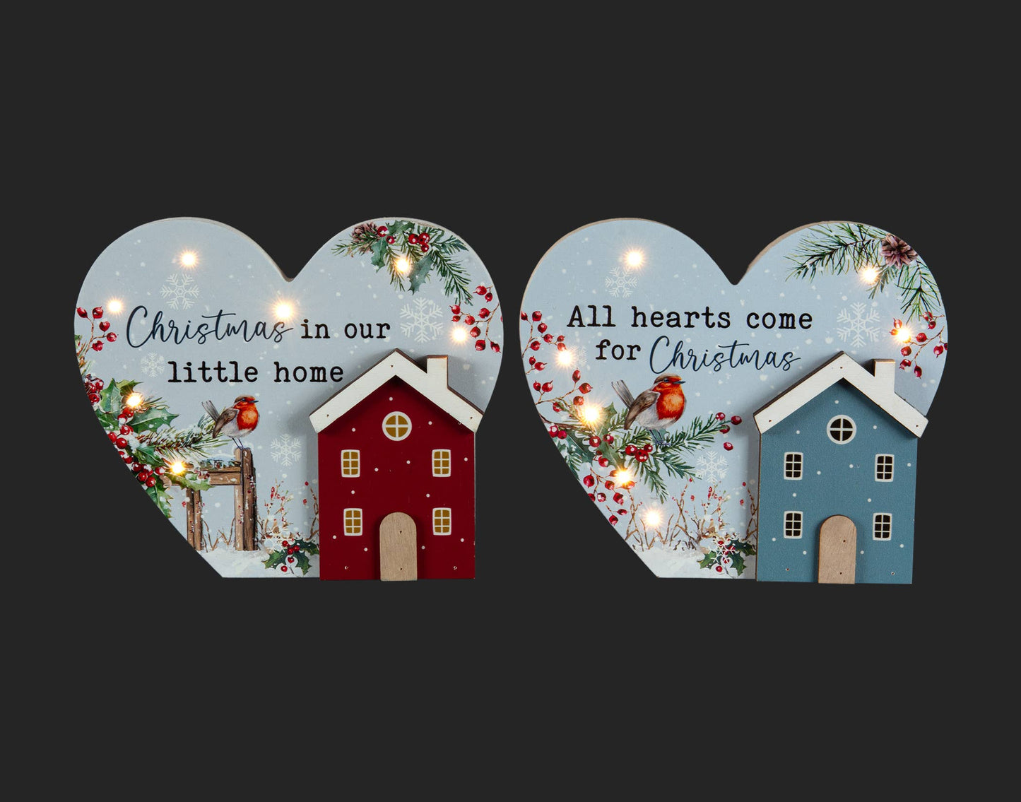 Christmas Tradition - 2 Asstd 7" Hearts w/House, Christmas Greetings & LED Lights
