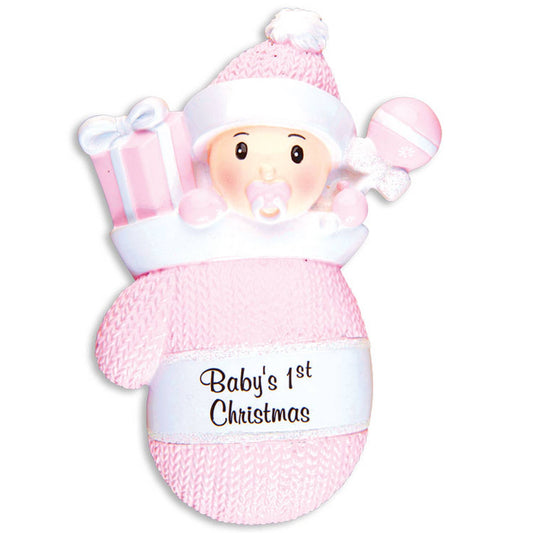 PolarX Ornaments - Baby In Mitten Personalized Ornament: Pink