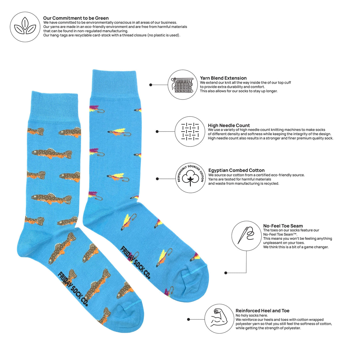 Friday Sock Co. - Men’s Trout & Fly Mid-Calf Socks - Fishing Gift for Him: Men's 7 - 12