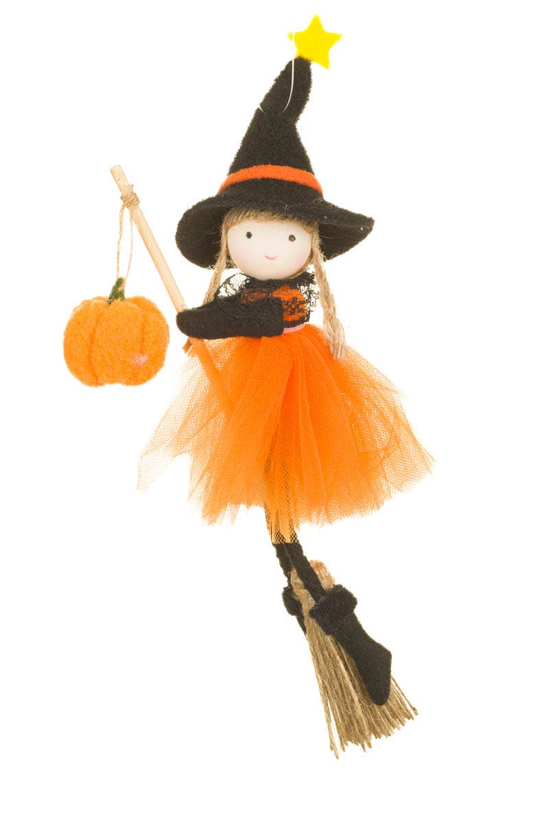 Orange Flying Witch Girl Doll With Pumpkin