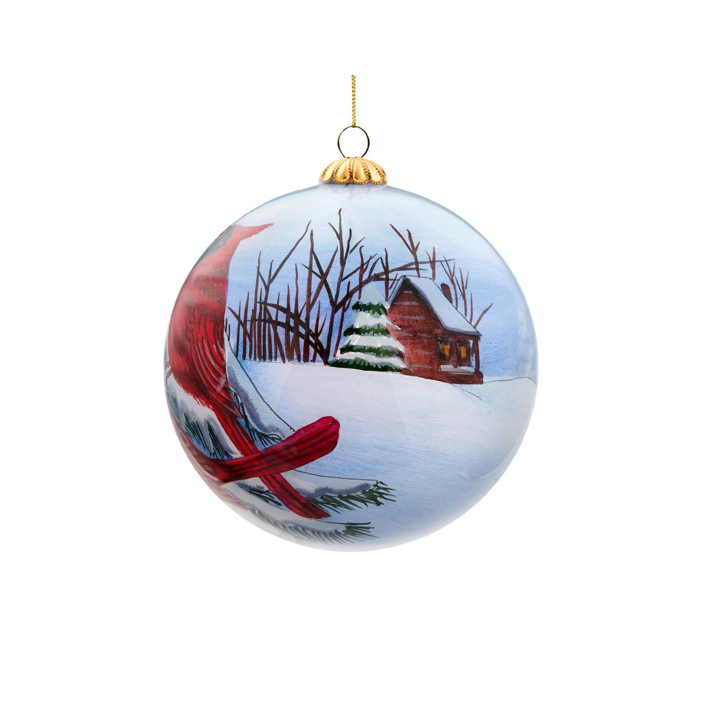 9cm Reverse Painted Glass Ball Ornament with Cardinals