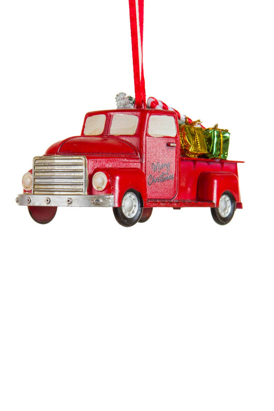 Hanging Red Truck Ornament with Candy Cane & Presents