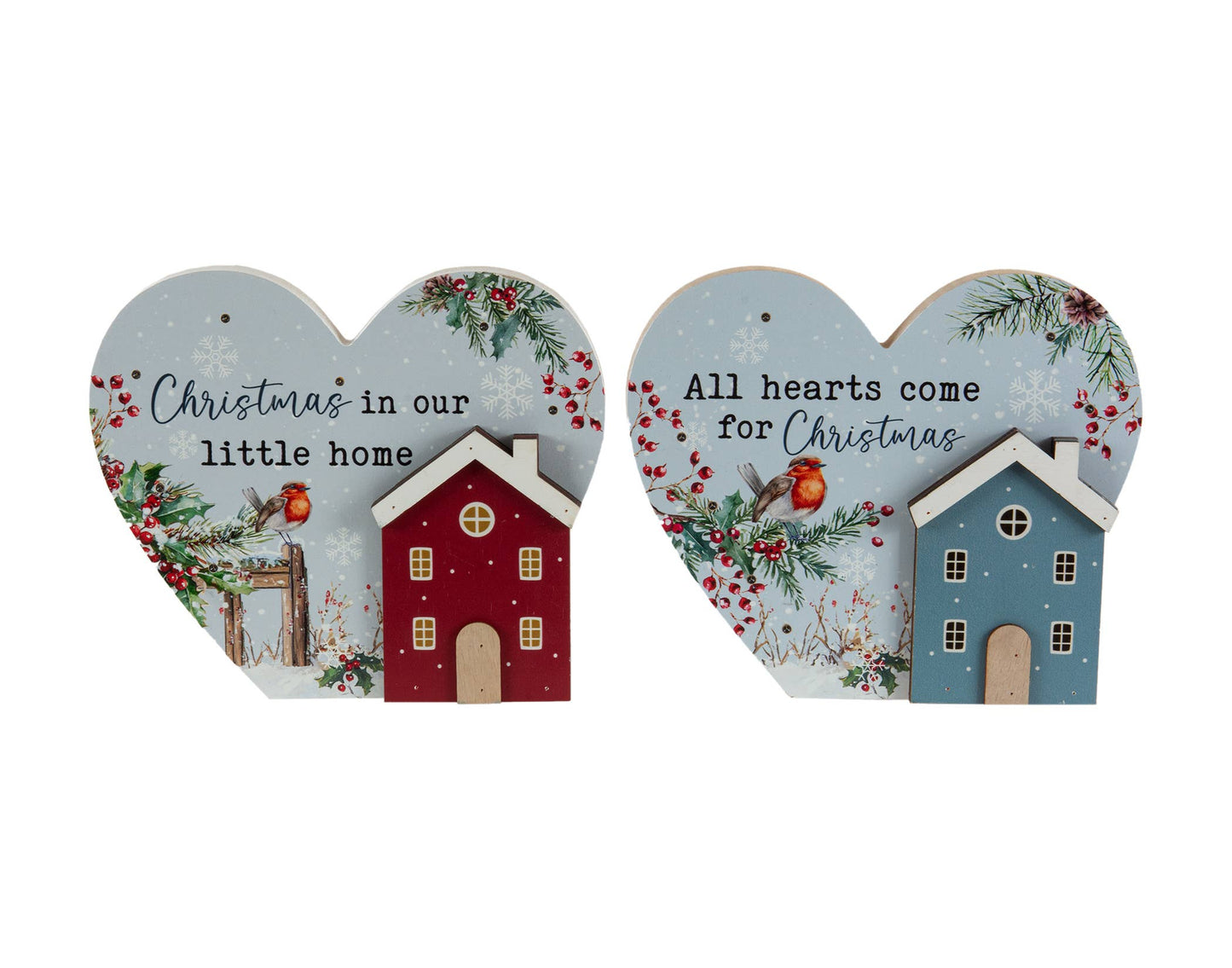 Christmas Tradition - 2 Asstd 7" Hearts w/House, Christmas Greetings & LED Lights