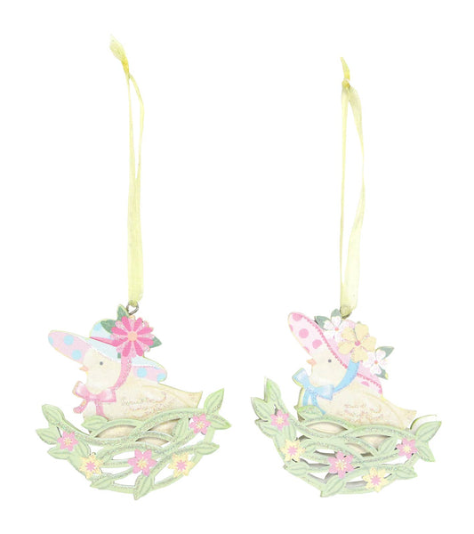 Silver Tree Home & Holiday - G69021 Easter bonnet chick on fretwork nest ornament, 2 Assorted (sold individually)