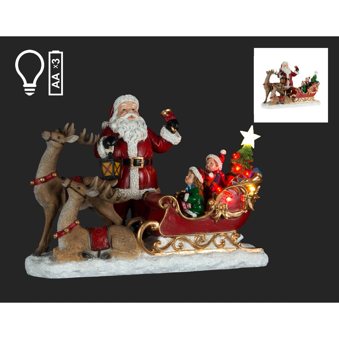 15" Santa & Reindeer with Kids & LED Christmas Tree in a Sleigh