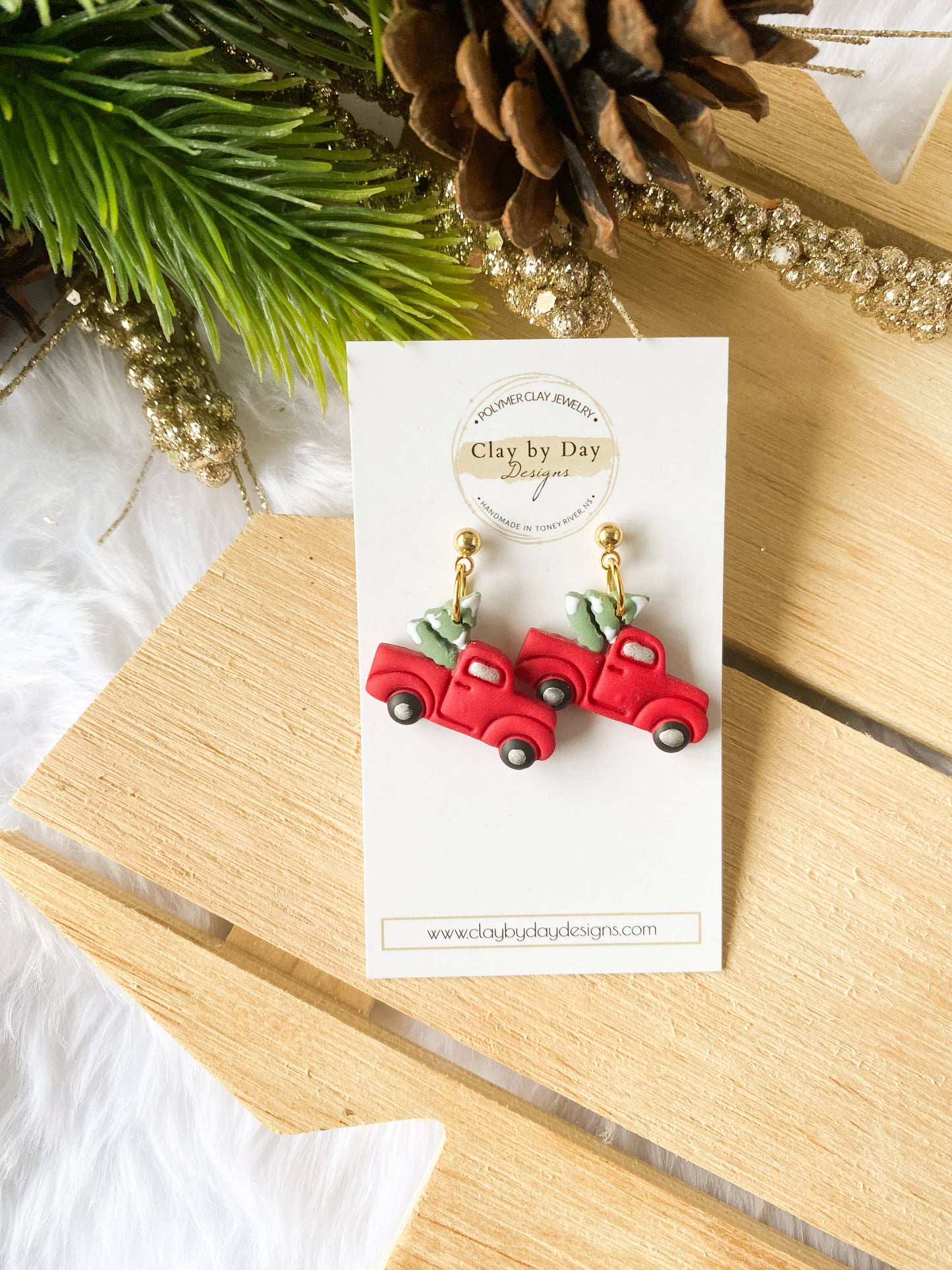 Clay by Day Designs - Christmas Tree Harvest Truck Earring - polymer clay