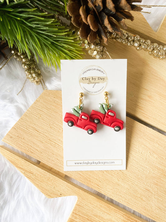 Clay by Day Designs - Christmas Tree Harvest Truck Earring - polymer clay