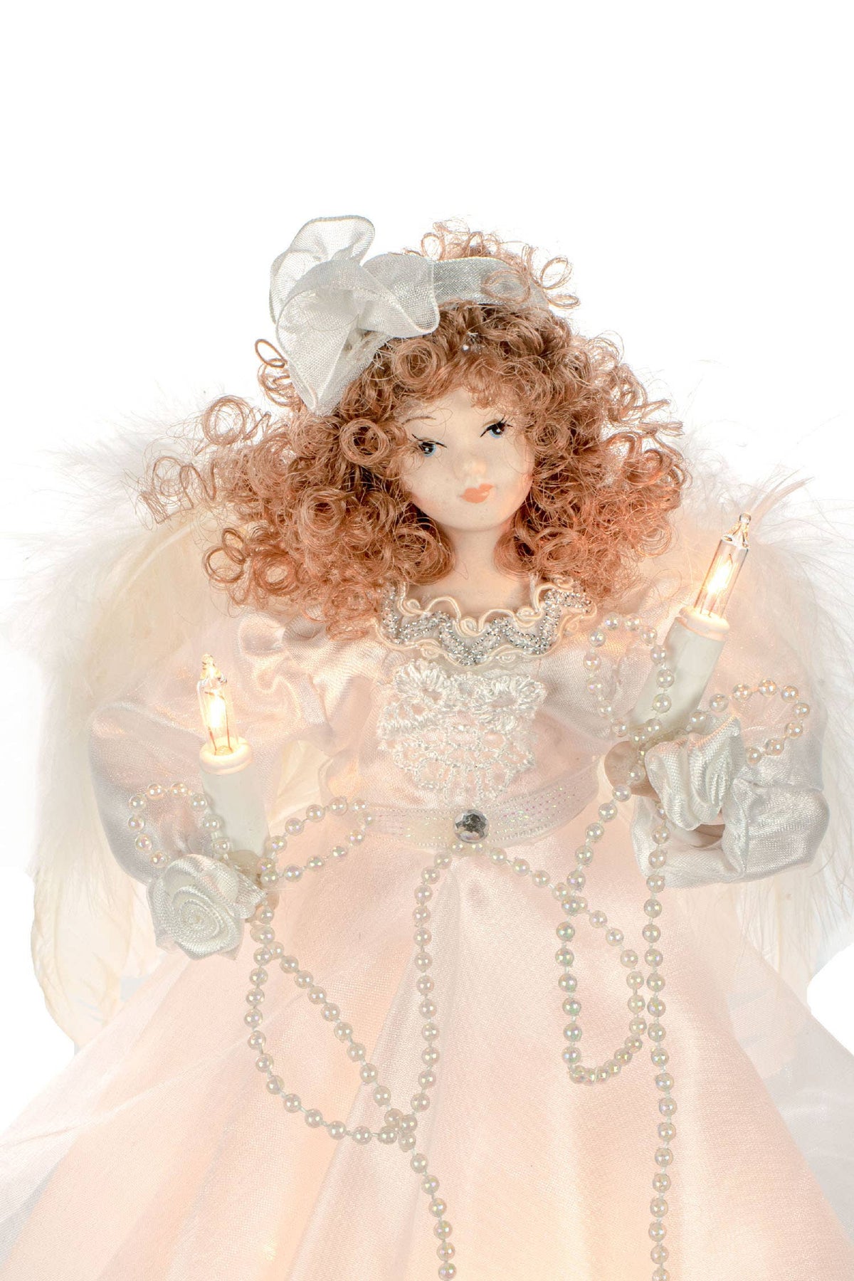Starlight Collection - White 10-Light Small Angel Tree topper with Brown Curly Hair