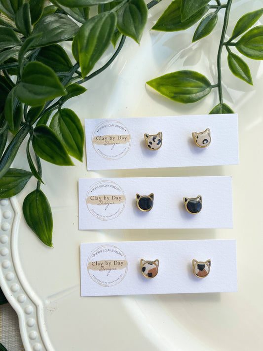 Clay by Day Designs - Mini Cat Studs - polymer clay earring, leopard print: Leopard Print / Gold charm