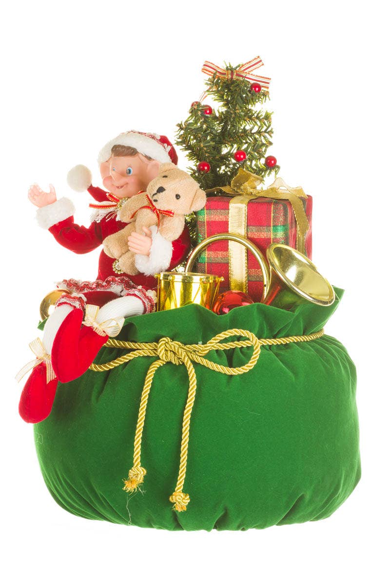 Starlight Collection - Red/Green Elf'S Christmas Sack Figurine With Bear