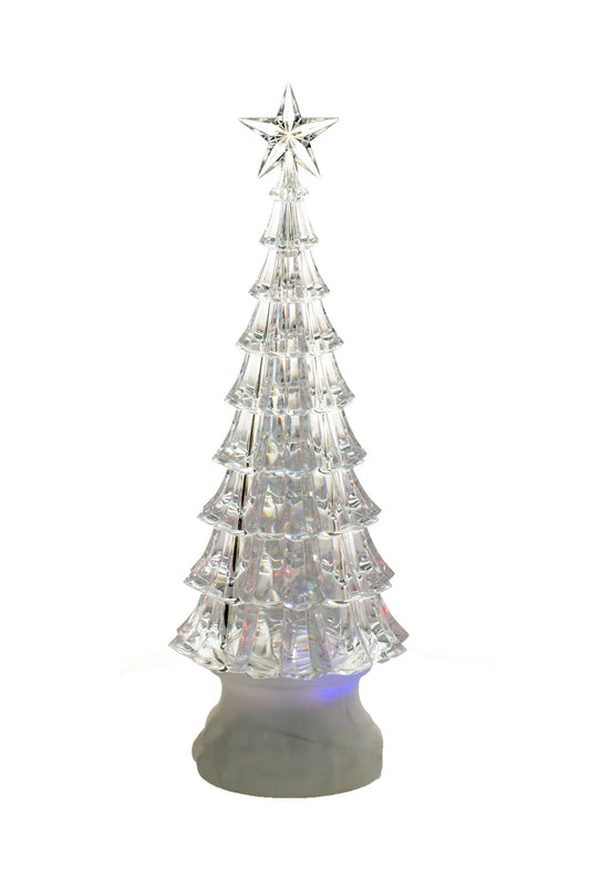 Crystal Christmas tree with a star on top against a white background snow globe