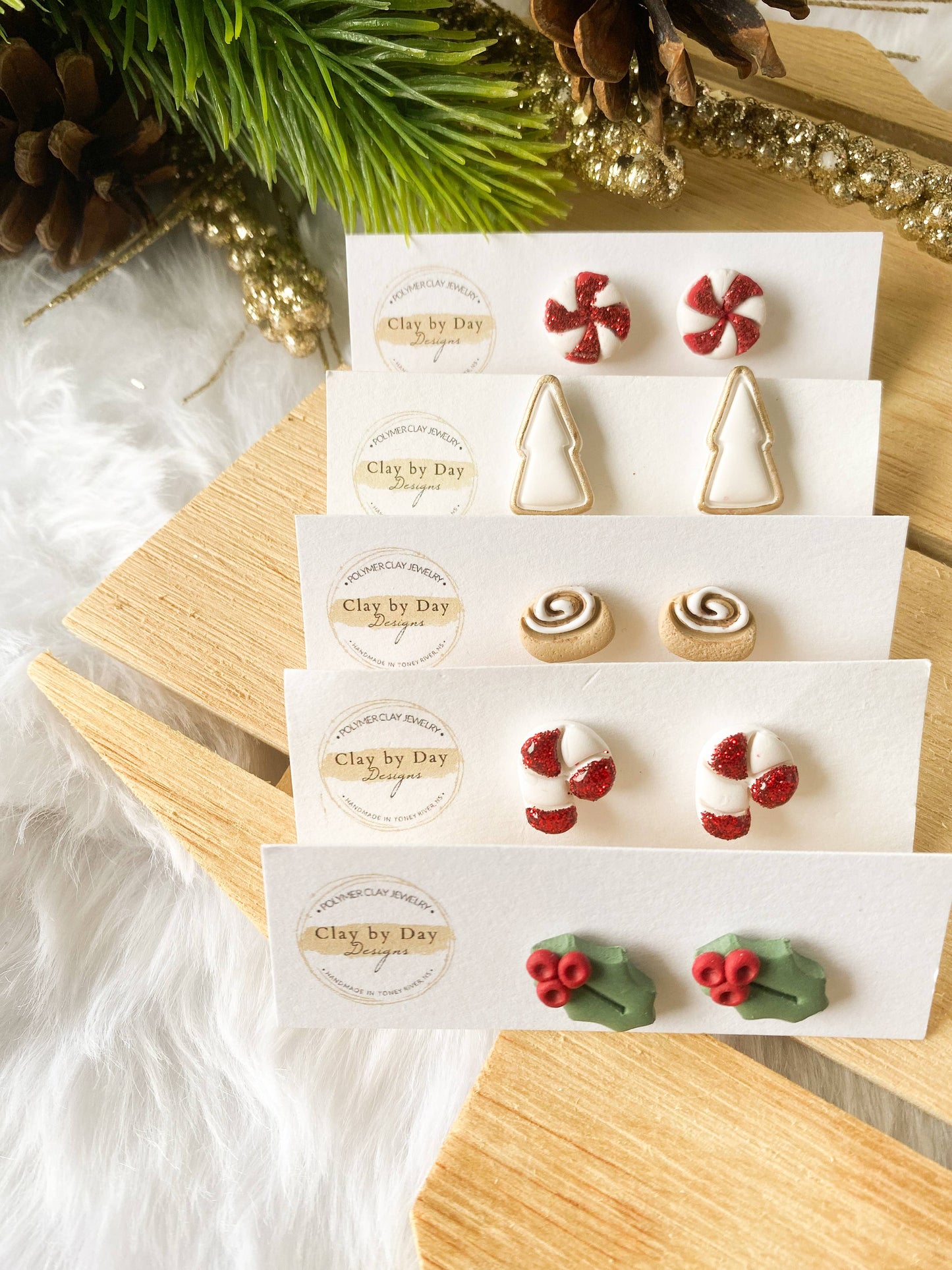 Single Christmas Studs - Winter Clay Earrings: Peppermint Candy
