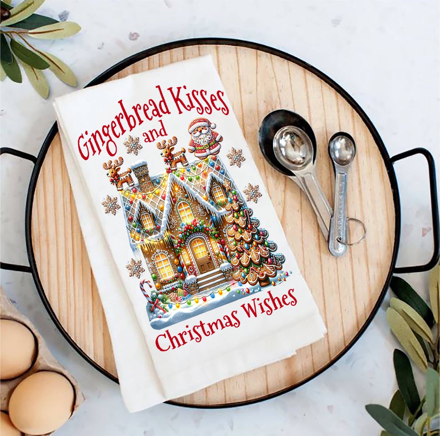 Christmas Gingerbread Kisses House Tea Towel