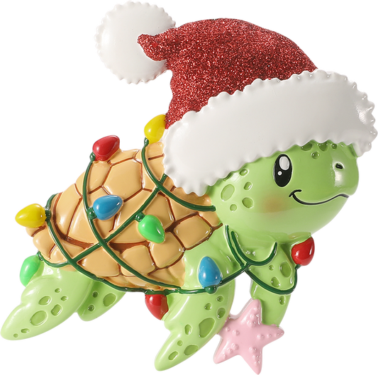 PolarX Ornaments - Turtle in Santa Hat Tangled in Lights Personalized Ornament