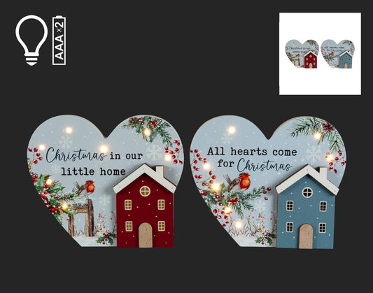 Christmas Tradition - 2 Asstd 7" Hearts w/House, Christmas Greetings & LED Lights