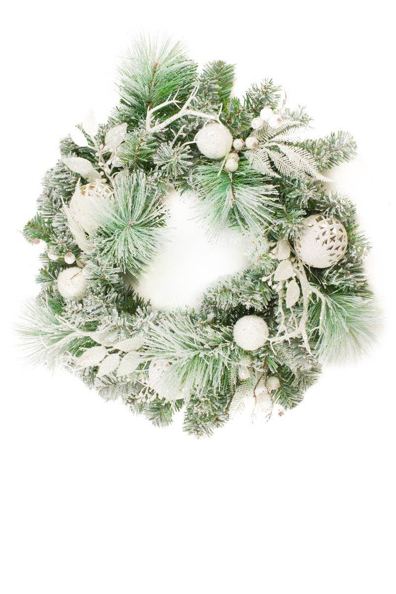 Starlight Collection - White/Gray Mixed Foliage Wreath With Sequin Branches