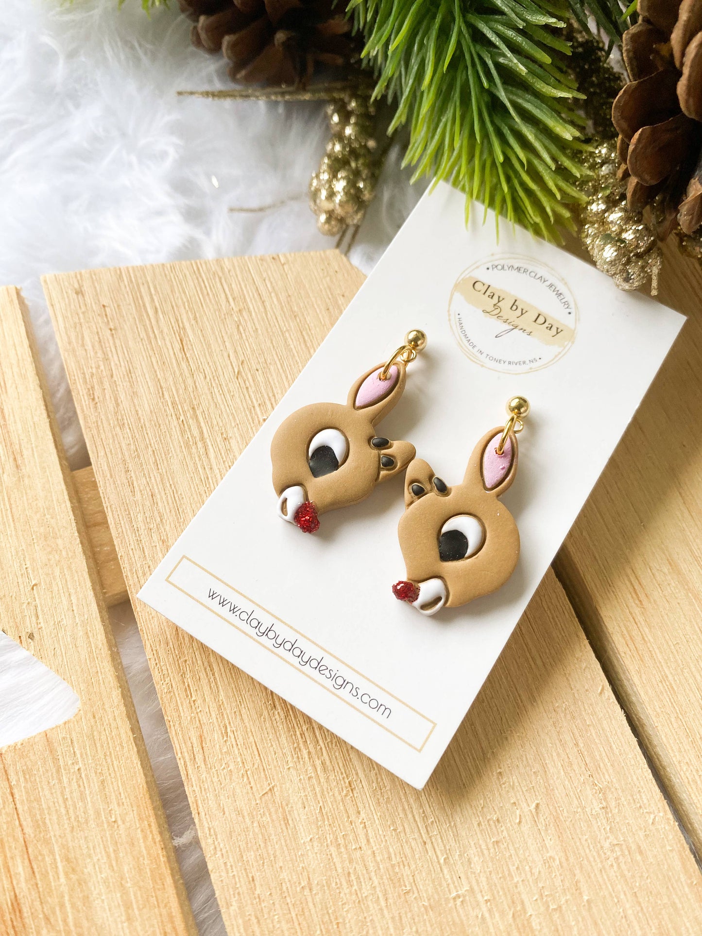 Clay by Day Designs - Rudolph Reindeer - Winter Christmas Polymer Clay Earrings