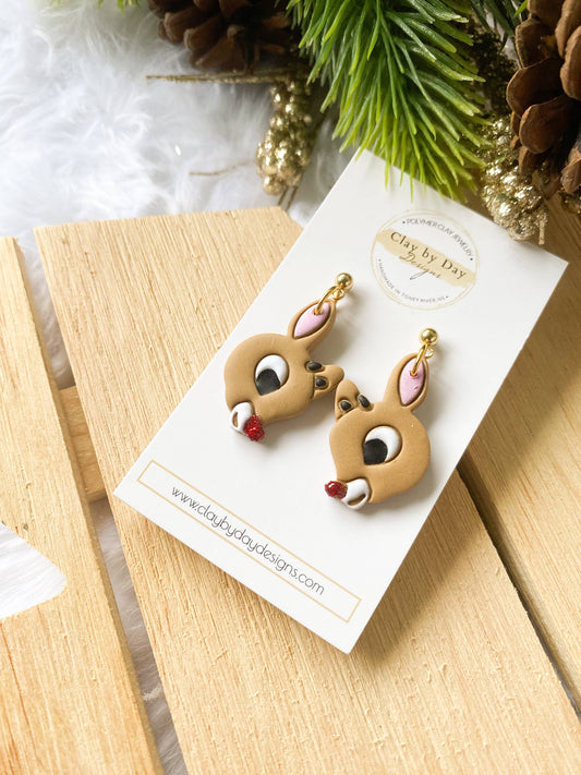 Clay by Day Designs - Rudolph Reindeer - Winter Christmas Polymer Clay Earrings