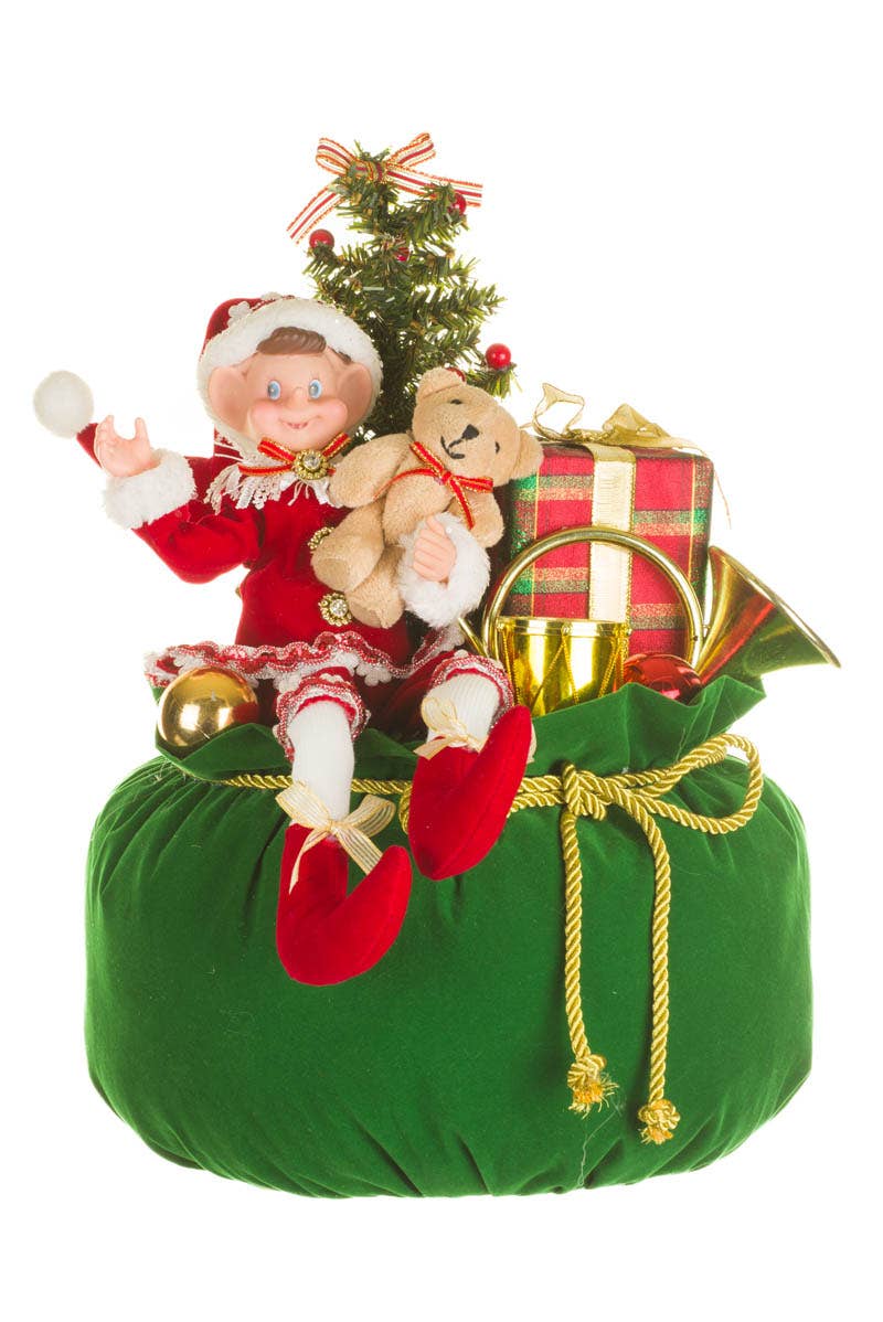 Starlight Collection - Red/Green Elf'S Christmas Sack Figurine With Bear