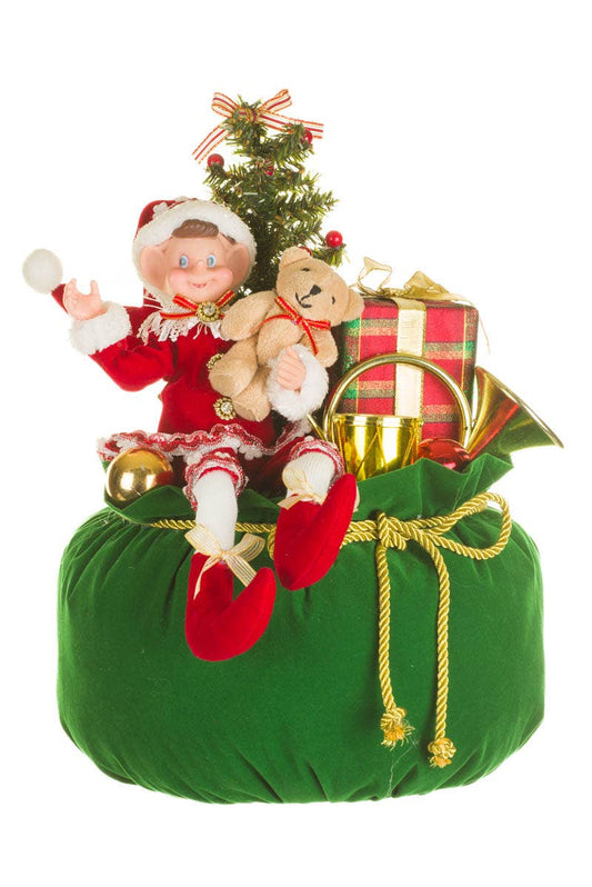 Starlight Collection - Red/Green Elf'S Christmas Sack Figurine With Bear