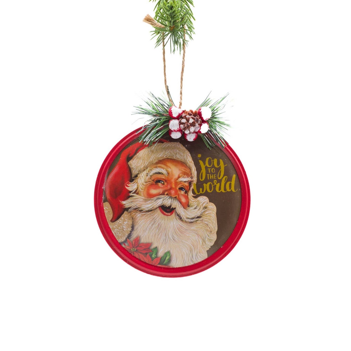 Red Tin Ornament with Beautiful Vintage Santa, Sentiment joy to the world 