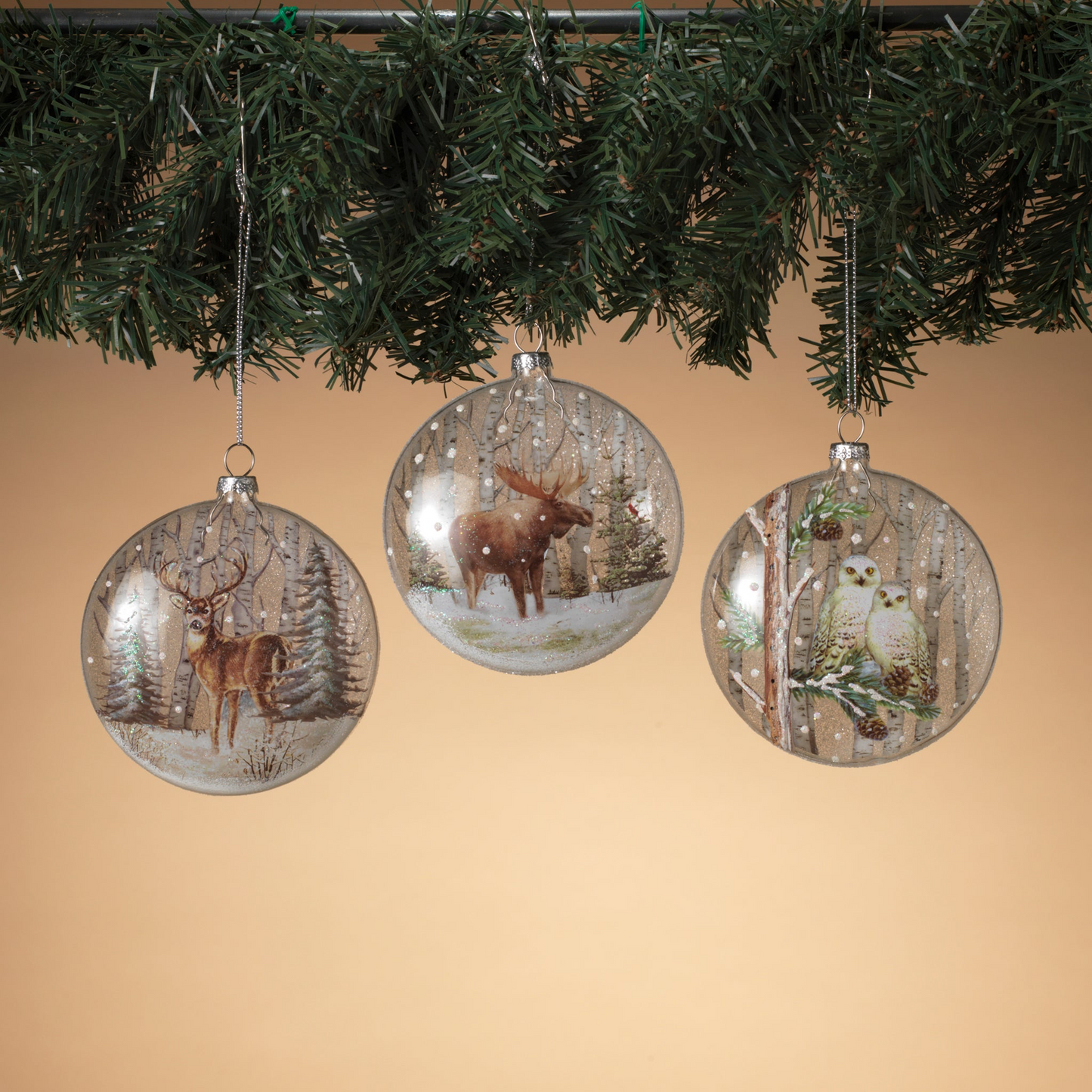 4 INCH GLASS DISK ORNAMENT WITH DEER, MOOSE & OWL - 3 ASSORTED
