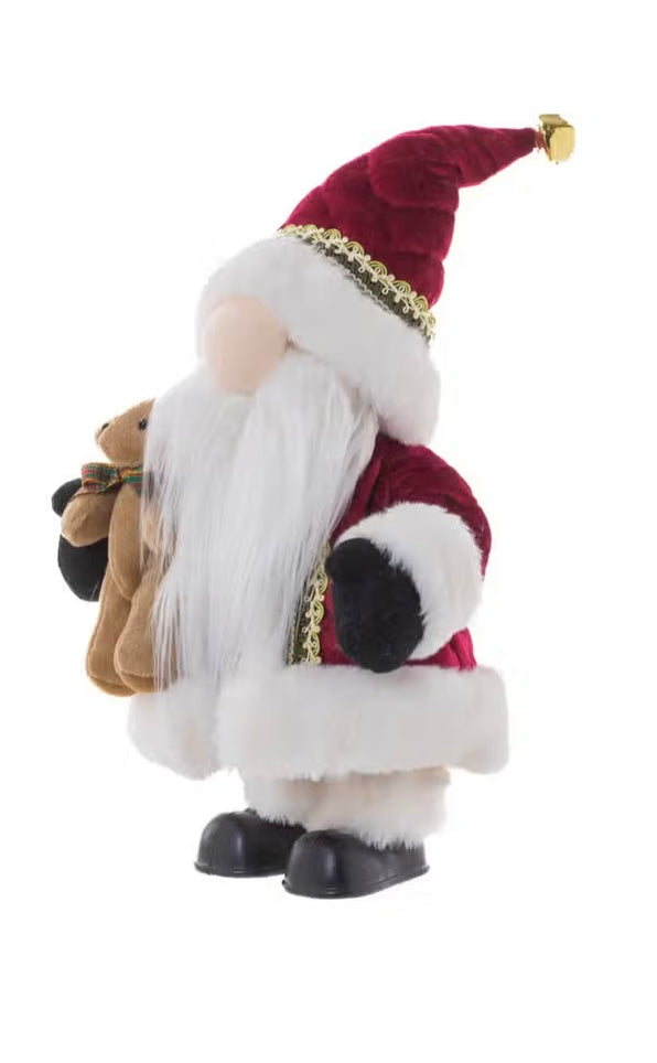 Burgandy/White Fabric Traditional Gnome Santa Holding Bear
