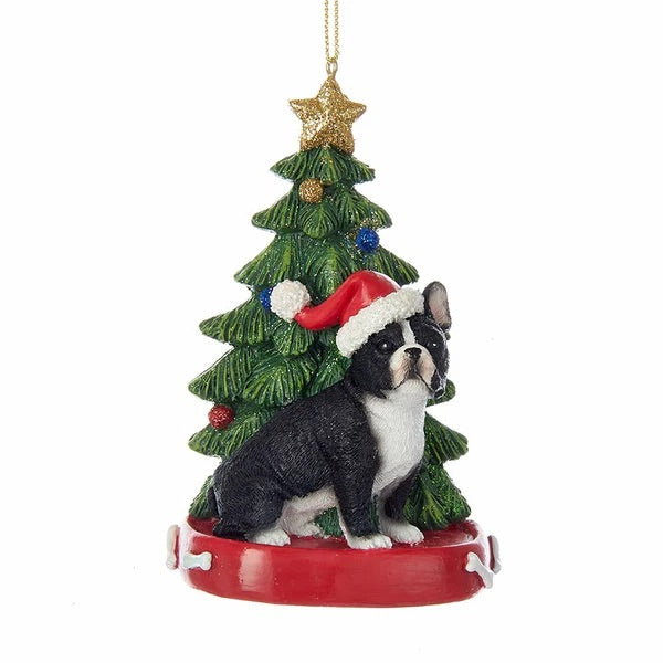 French Bulldog with Christmas Tree Ornament, 4” KA-C7954