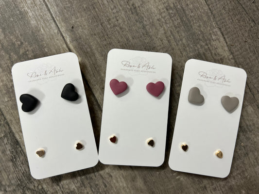 Duo Set, Dainty Gold Hearts with Choice of Rose, Black or Grey Heart Studs