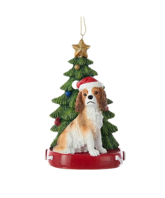 King Charles Cavalier Dog with Christmas Tree Ornament, 4”, KA-C7954
