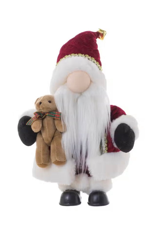 Burgandy/White Fabric Traditional Gnome Santa Holding Bear