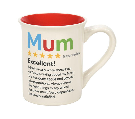 Mothers are always the best critics. They give us thoughtful feedback and encouragement on a daily basis. Now with this colorful mug you can give mum a review. Of course it's five stars! With a doting description and direct quote you can rate mum!

Mug