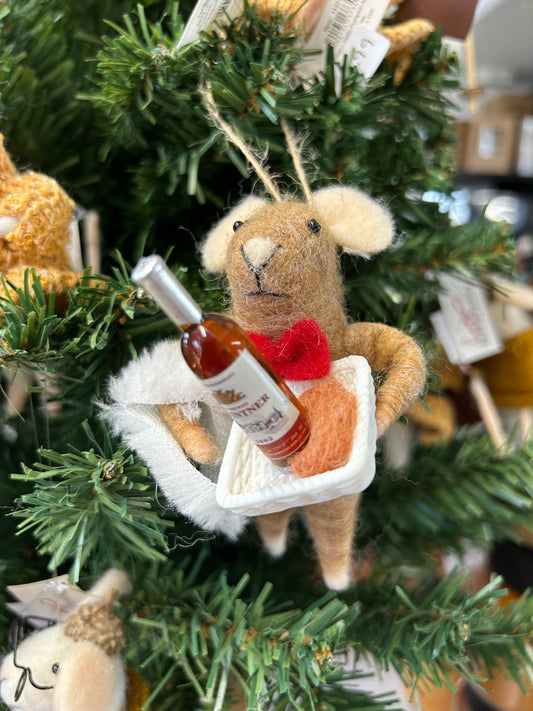 Felt Waiter Mouse With Red Bowtie Holding Wine Tray Ornament