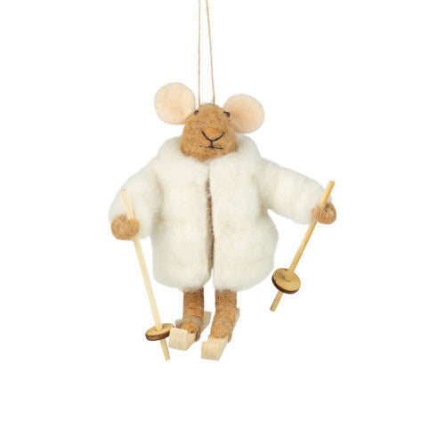 Felt Ski Mouse Ornament In White Puffy Coat with Wood Skiis