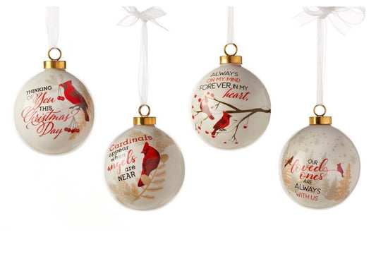 Christmas Memorial Ornaments, Cardinal with Sentiment Ceramic 3.8" High, 4 Assorted