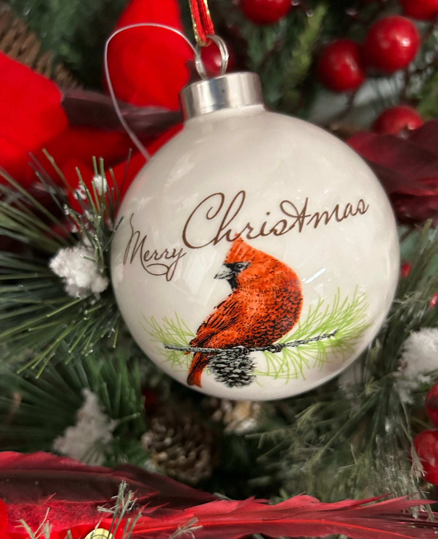 Ceramic Cardinal Ornament, reads Merry Christmas