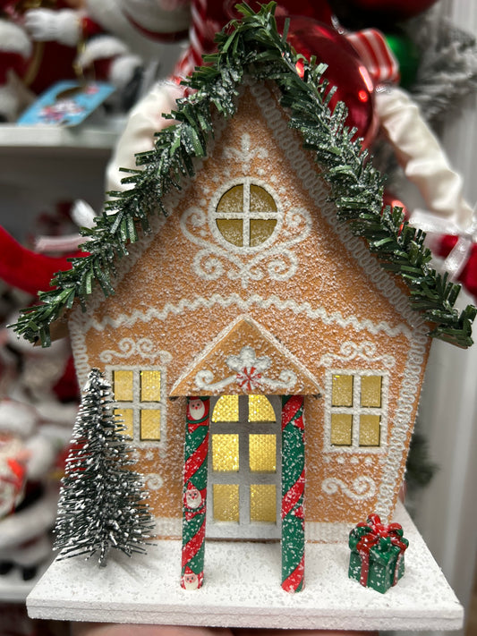 Paper Gingerbread House Table Piece with Bristle Tree & Green Garland, LED