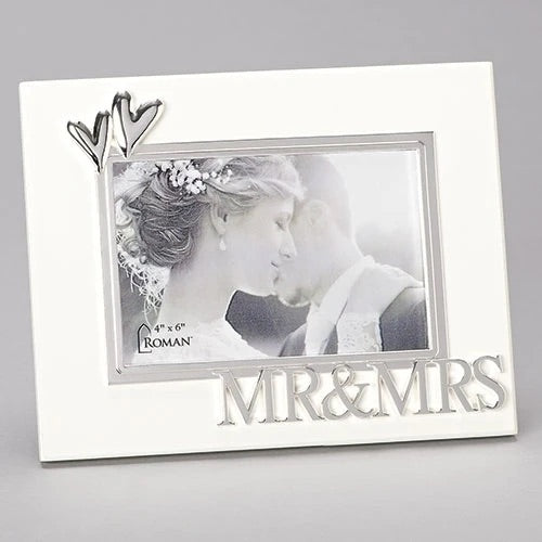 Mr & Mrs 2 Hearts Ivory With Silver Tone Accents 9 x 7 Wood Photo Frame Frame by Roman
