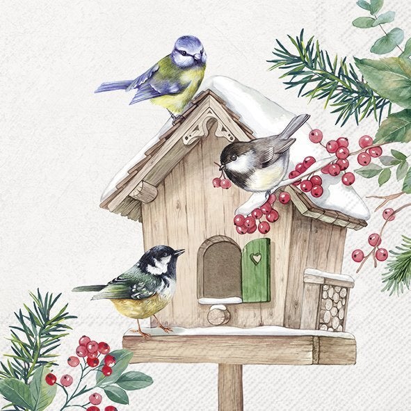 Paper lunch napkins with Illustration of a wooden birdhouse with three birds and winter foliage on a white background